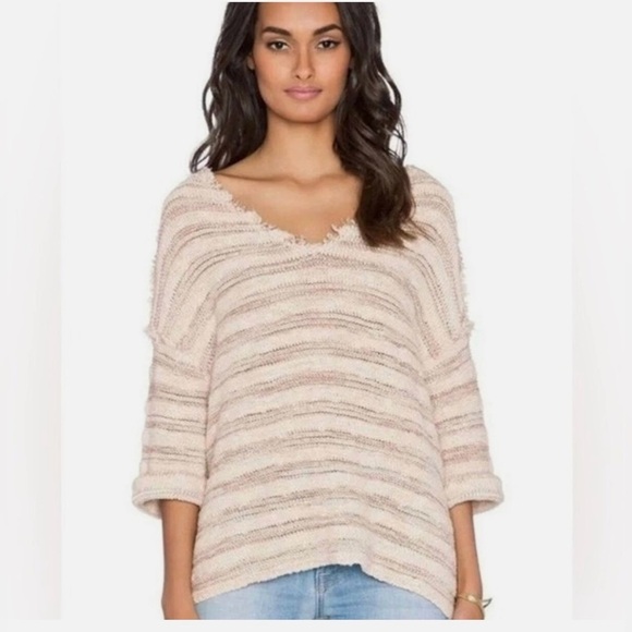 FREE PEOPLE SPELLS TROUBLE BROWN & BEIGE DISTRESSED RAW SWEATER - Picture 2 of 12